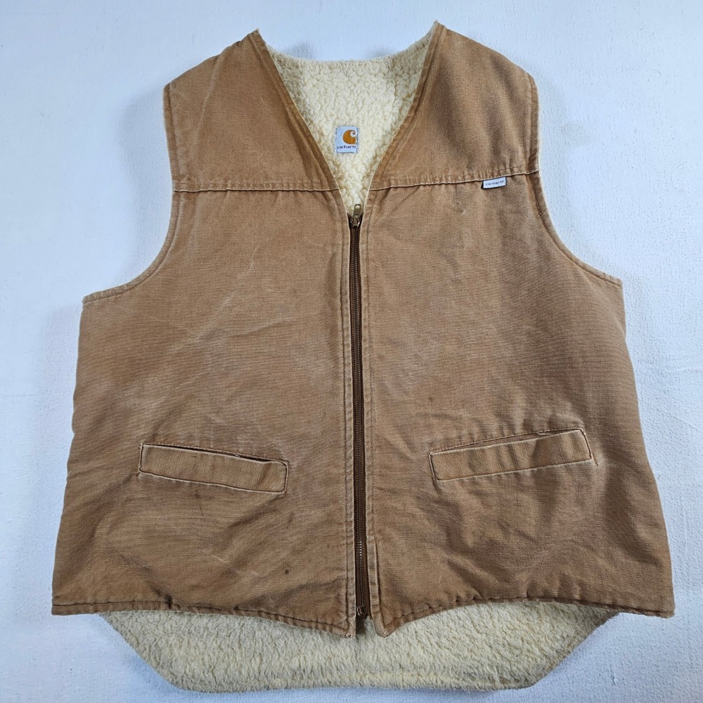 Carhartt Duck Canvas Vest Mens XLT Brown Sherpa Lined Vintage Workwear Zip Up